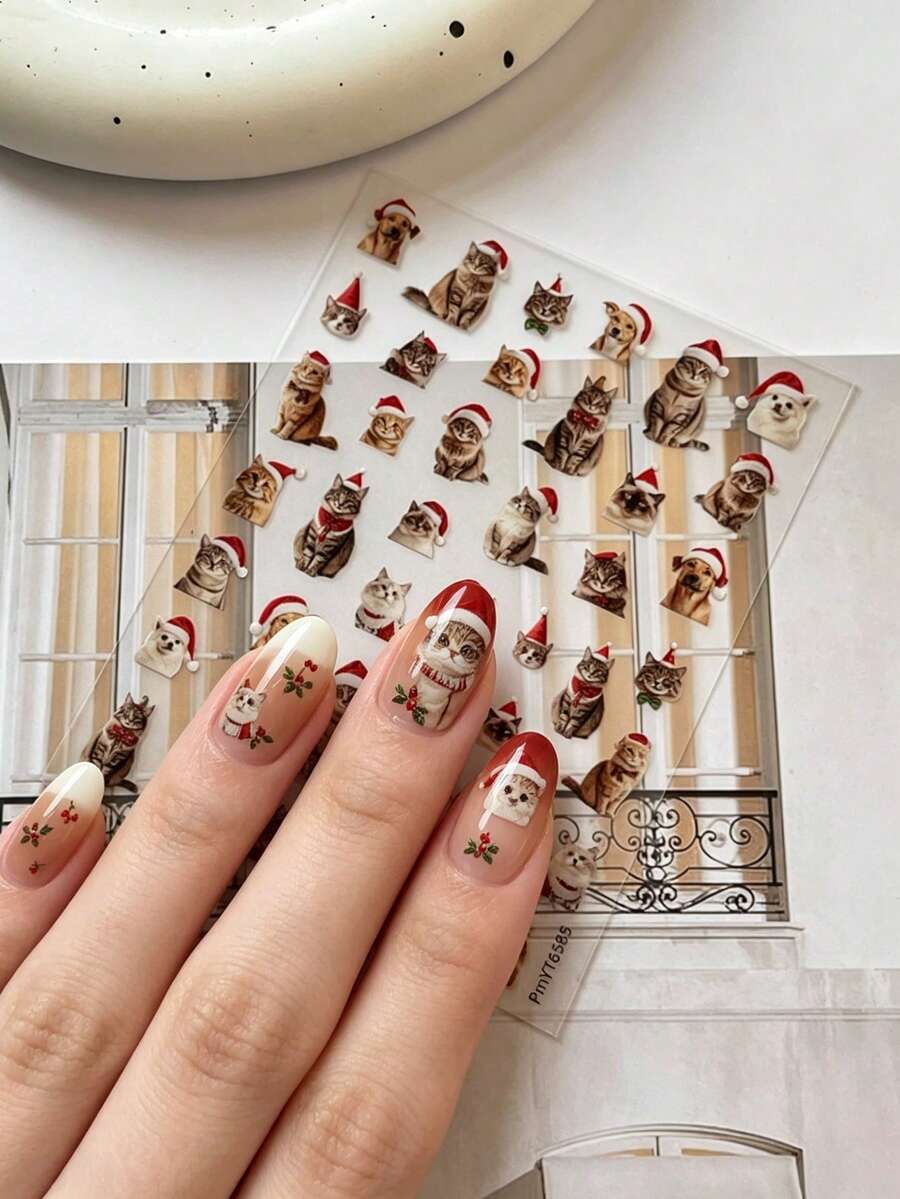 1 Sheet Flat Christmas Nail Stickers, Cute Realistic Cat & Dog Santa Hat Pattern Self-Adhesive Nail Art Decorations - Multicolor - View 1
