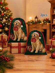 2pcs Red & Green Snowflake Christmas Tree Print Gift Wrapping Bags, Nordic Style Fabric Rectangular Drawstring Gift Sacks With Knit-Look Pattern For Christmas Presents, Party Favors & Holiday Decor - Multicolor - View 15
