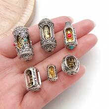 2pcs/Set Prayer Wheel Spacer Beads, Dual-Color Alloy Om Mani Mantra Hollow Barrel Beads With Inlaid Gemstones, For Prayer Beads Bracelet DIY Jewelry Making - Multicolor - View 3