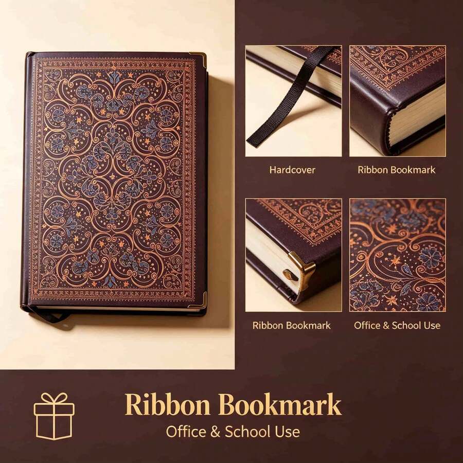 Vintage Hardcover Journal Notebook, Antique Gilded Floral Pattern, Thick Cream Yellow Paper, With Ribbon Bookmark & Metal Corner Protector, Ideal Gift For Diary Writing, Sketching & Note Taking - Multicolor - View 1