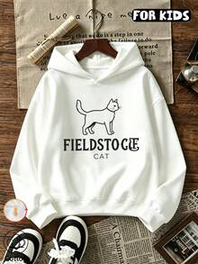 Girls Hooded Sweatshirt, Simple Line Cat & FIELDSTOCE CAT Letter Print Long Sleeve Pullover Hoodie, Casual Loose Tween Girl Hoodie For Fall Winter - White - View 10