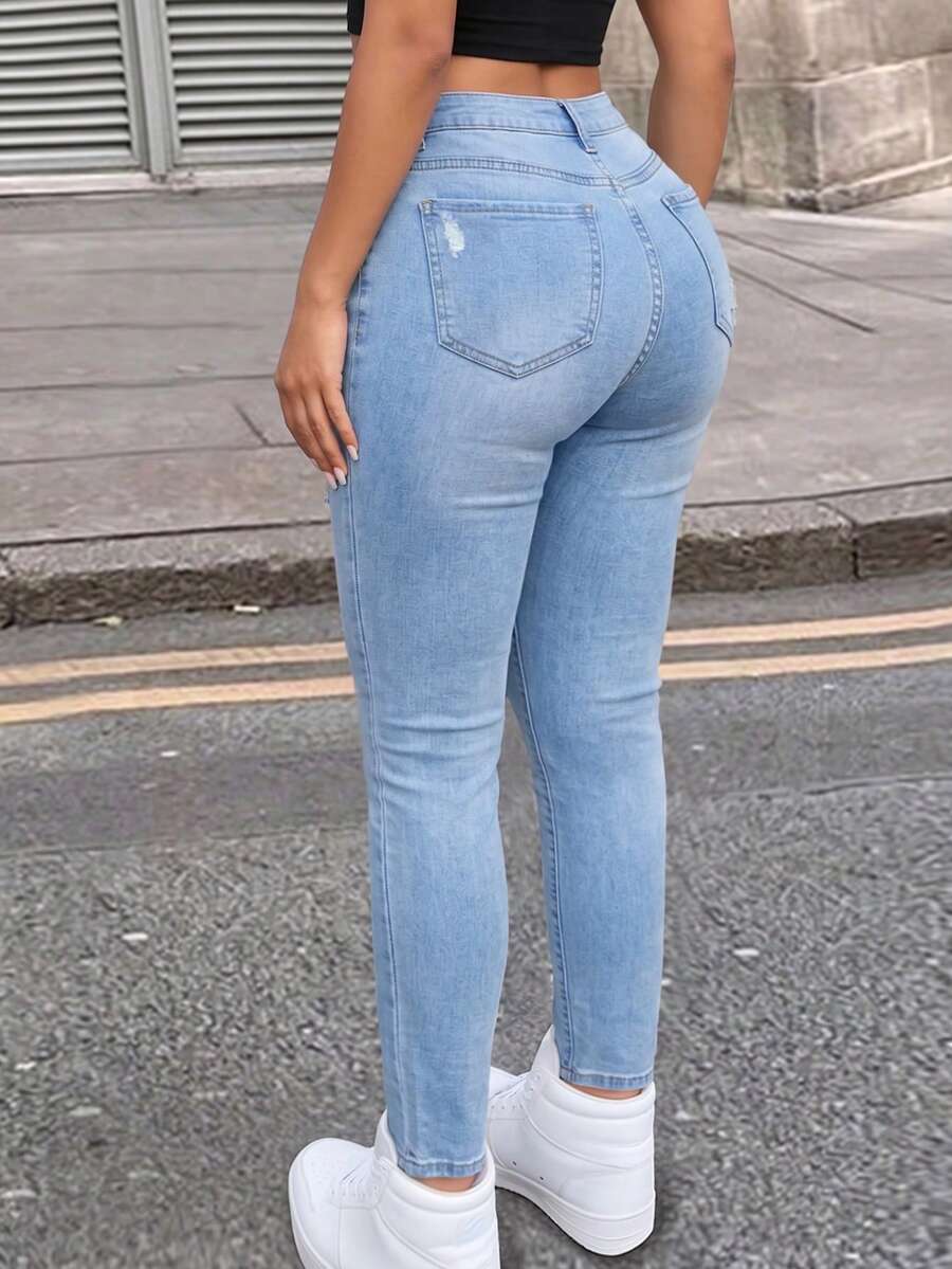 Women's Casual Light Wash Distressed Slim Fit Ankle Length Jeans, High Stretch Button & Zipper Closure, Suitable For Autumn And Winter - Light Wash - View 1