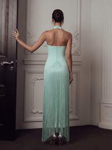 FEELAIR Sexy Halter Neck Sleeveless Backless Heavy Rhinestone Tassel Maxi Dress, Suitable For Wedding, Holiday, Party, Women's Formal Evening - Mint Green - View 11