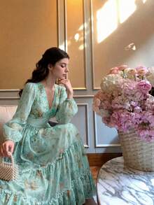 Women's Elegant Modern Romantic Floral Print Long Sleeve Ruffle Patchwork Design Luxurious Swing Dress With Ruffled Hem - Mint Green - View 3