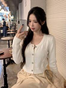 Minimalist Sexy Style Crochet Hollow Out Exquisite Button Knit Sweater Women Autumn/Winter New Round Neck Soft Fluffy Long Sleeve Crop Top - Apricot - View 3