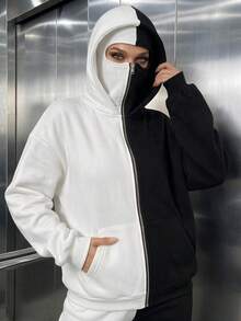 女款拉帽抓絨內裡拼接色雙帽拉鍊口袋寬鬆連帽衛衣，適合日常、秋冬穿著、冬季秋季穿搭、外出 - 黑色+白色 - 查看 4