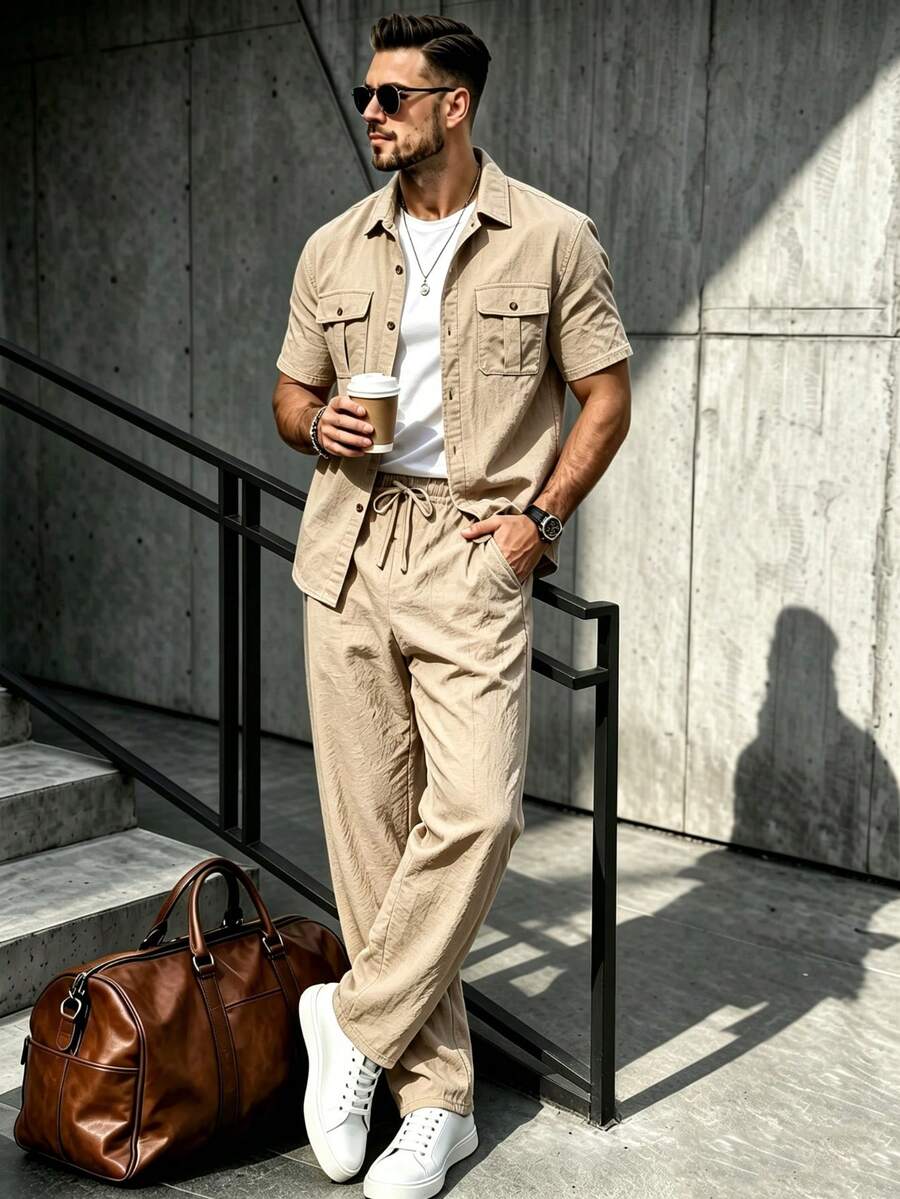 2pcs Men's Linen Set, Summer New Casual Multi-Pocket Workwear Shirt + Straight Leg Pants Suit, For Him - Khaki - View 1