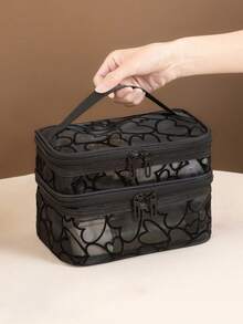 Bolsa de cosméticos transparente de doble capa, organizador de artículos de tocador multifuncional, diseño de cremallera casual diario - Negro - Ver 11