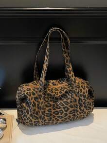 Printed Pattern Luggage Bag With Front Pocket And Large Capacity, Handheld Storage For Clothes And Personal Items, Zipper Closure, Vintage Hot Girl Style Travel Bag, Suitable For Short Trips, Shopping And Outings, For Girls Who Like Personalized Vintage Outfits - Brown - View 7