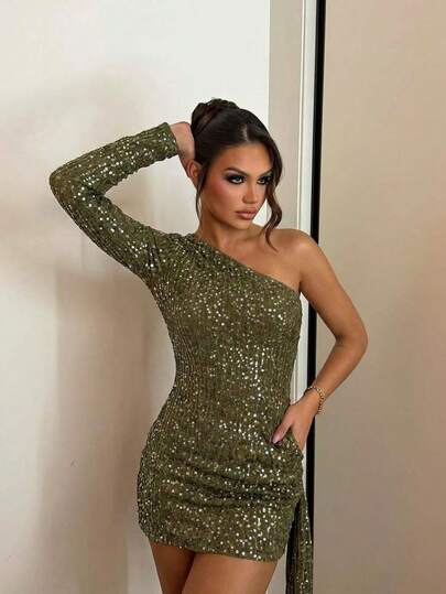 Women's Army Green One Shoulder Sequin Mini Dress, Ruched Low Elasticity Slim Fit, Suitable For Cocktail Parties And Night Out