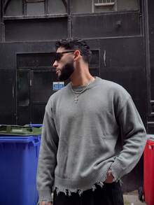 BLACKTOEXIT Men's Crew Neck Dropped Shoulder Retro High Street Frayed Hem Casual Sweater, Autumn/Winter - Grey - View 8