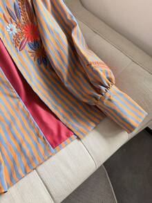 Women's Open Front Printed Embroidered Long Petal Sleeve Round Neck Loose Short Woven Blue & Orange Jacket, Vintage Casual Weekend Outfit, Spring/Autumn - Orange Blue - View 8