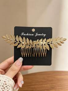 1pc Vintage Gold Metal Leaf Hair Comb, Luxury Side Comb, Back Of Head Updo Hair Accessory For Wedding And Party - Multicolor - View 4