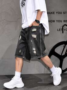 Men's Summer Street Fashion Distressed Washed Denim Shorts - Dark Grey - View 4
