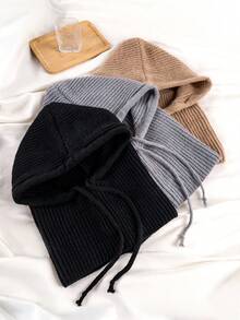 1pc Women's Solid Color Balaclava Couple Style Ear Protection Knitted Hat, Scarf Integrated Hooded Knit Knitted Cap - A - View 6