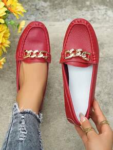 Sepatu Loafer Slip-On Rantai Emas Bergaya Baru untuk Wanita, Sepatu Kasual Datar Karet Ringan dan Nyaman Serbaguna - Merah - View 2