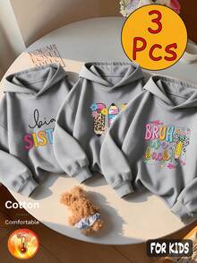 Autumn/Winter 3 Pieces Set Girls' Fleece-Lined Hooded Sweatshirt Colorful Letter Print Gray Long Sleeve Soft Y2K Style - Heather Gray+Heather Gray+Heather Gray - View 5