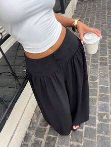 Women's Black Polyester Wide Leg Harem Pants, Long Loose Fit, Front Button Design, Pleated Waistband Comfortable And Fashionable - Black - View 7