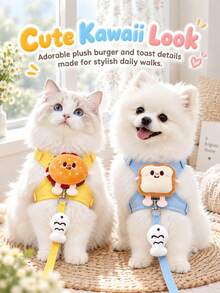 Cute Hamburger & Toast Doll Cat Harness And Leash Set, Escape‑Proof Adjustable Soft Pet Vest Harness For Kitten Small Dog Outdoor Walking - Multicolor - View 3
