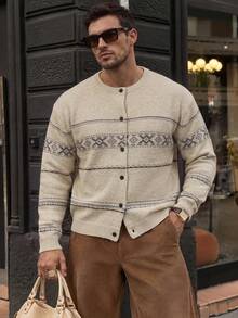 Men Autumn‑Winter Geometric Fair Isle Knit Cardigan, Button Front Long Sleeve Relaxed Sweater, Old Money Style For Holiday Festival Daily Wear - Apricot - View 1