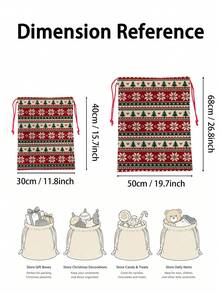 2pcs Red & Green Snowflake Christmas Tree Print Gift Wrapping Bags, Nordic Style Fabric Rectangular Drawstring Gift Sacks With Knit-Look Pattern For Christmas Presents, Party Favors & Holiday Decor - Multicolor - View 2