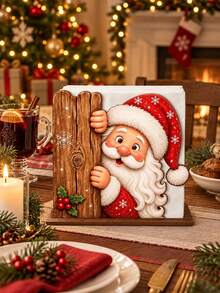 1/2pcs Peek-A-Boo Santa Claus Wooden Napkin Holder And Tissue Box - Hidden Santa With Snowflake And Holly Berry Desktop Decor, Detachable Tabletop Storage Box, Suitable For Home Kitchen, Christmas Party Decoration, Desktop Tissue Holder - Multicolor - View 3