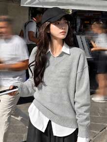 Y6Y Grey V-Neck Long Sleeve Women's 2026 New Autumn Slouchy Loose Knit Sweater - Grey - View 5