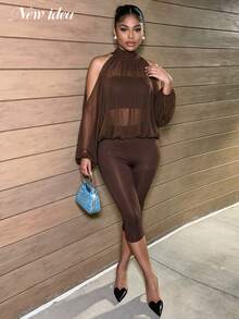 NEW IDEA Women Elegant Brown Fall Mesh 3-Piece Outfits, Cold Shoulder High Neck Sheer Top With Inner Liner & Capri Pants Set For Night Out, Party - Brown - View 4