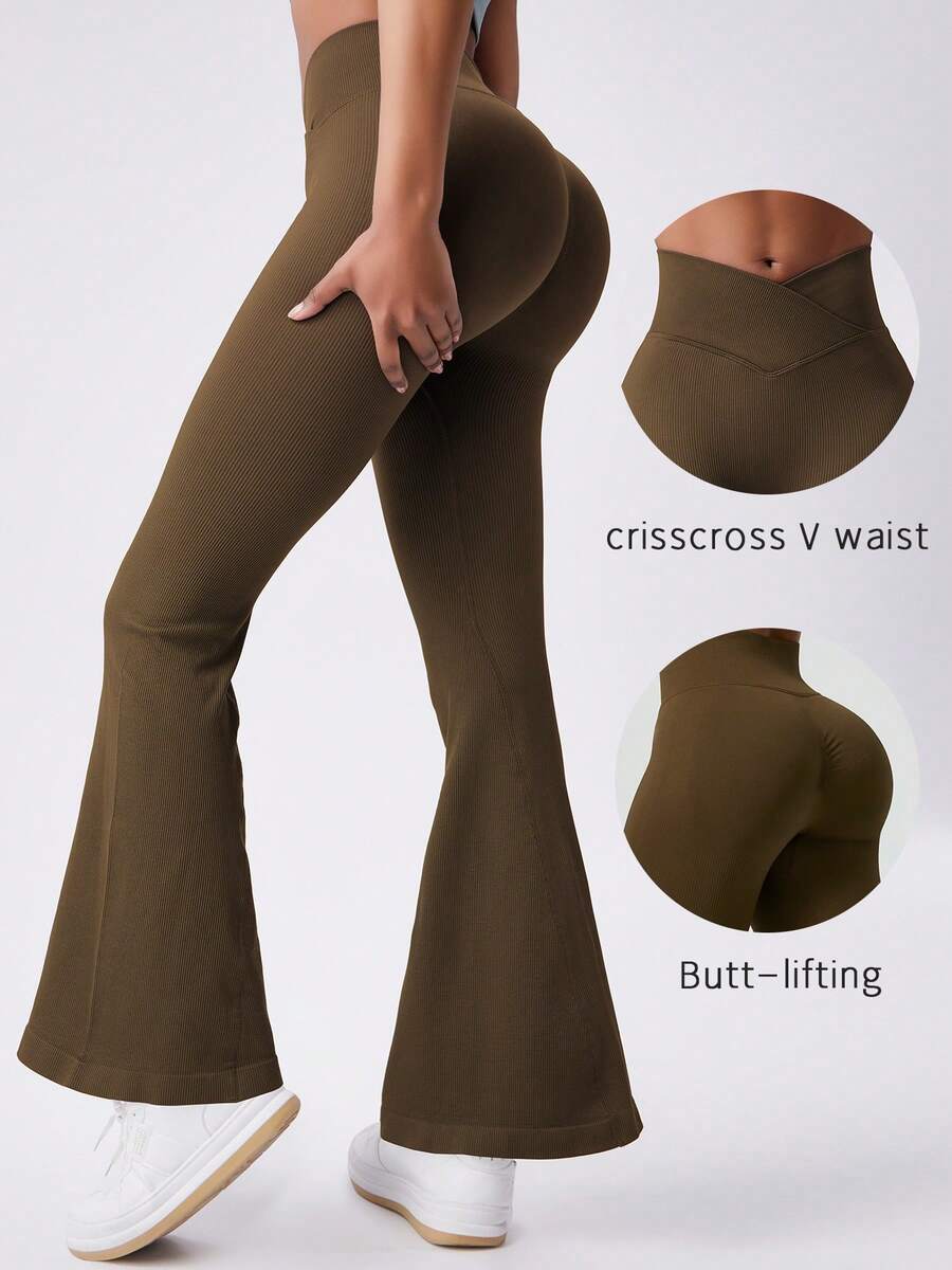 Women's Criss-Cross Waist Flare Pants, Ribbed Solid Color Comfortable Slim Fit, Suitable For Beach Vacation, Night Out, Airport Outfit - Brown - View 1