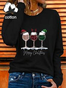 Plus-Size Women's Christmas-Themed Long-Sleeve Top (Red Wine Glass & Snowflake Print) –Casual, Cute, & Elegant Round-Neck Pullover For Holiday Parties - Black - View 6
