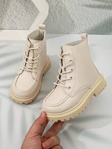 1 Pair Boys Girls Solid Color Cool Lace-Up Classic Boots, Suitable For Autumn/Winter Outdoor Ankle Boots - Beige - View 2