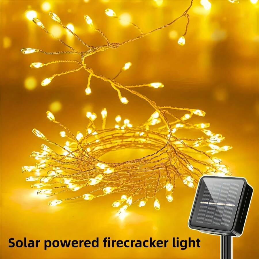 Christmas Halloween Warm Color Solar Powered Firecracker Fairy String Lights, Available In 5M100LED, 8M200LED, 11M300LED Multiple Sizes To Choose From. The Clustered Light Beads Simulate The Shape Of Firecrackers, With A Tight And Three-Dimensional Arrangement. When Lit, The Soft Warm Light Spreads And Radiates, Creating A Strong Atmosphere Like Scattered Starlight On Earth. Solar Energy Storage Design, Absorbing Sunlight During The Day To Store Power