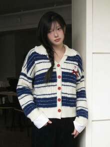 Sweet Girl Vintage Striped Knit Cardigan Blue & White Contrast V-Neck Lace Trim Bow Short Sweater - Navy Blue - View 1