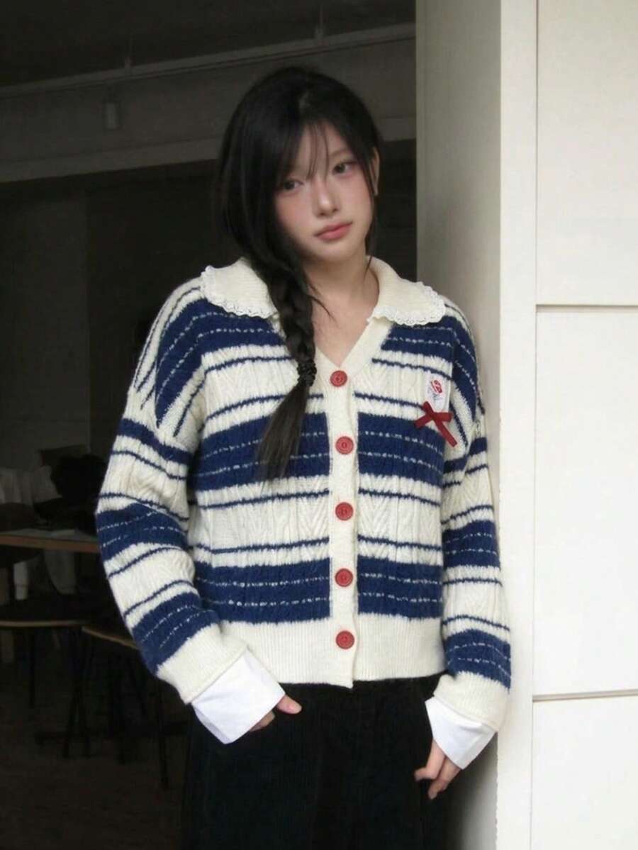 Sweet Girl Vintage Striped Knit Cardigan Blue & White Contrast V-Neck Lace Trim Bow Short Sweater - Navy Blue - View 1