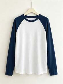 Plus Size Colorblock Raglan Long Sleeve Crew Neck T-Shirt, Casual Collegiate Style Baseball Shirt, Suitable For Daily Wear - Navy Blue - View 7
