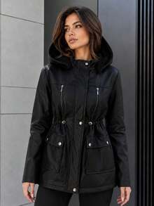 Women's Leather Hooded Puffer Winter Coat - Black - View 3