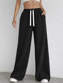 Women's Black Casual Wide Leg Pants Elastic Waist Adjustable Drawstring Relaxed Loose Fit Full Length Everyday Trousers - Black - View 10