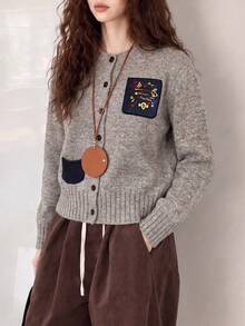 Women's Autumn/Winter Personalized Colorblock Pocket Design Round Neck Cardigan Jacket - Grey - View 3