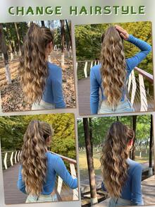HEYPINK Ombre Colored Claw Ponytail Extension Hair Accessory 24 Inches Long Natural Water Wave Heat-Resistant Fiber Synthetic Ponytail Wig, Suitable For Women's Daily Use - Black Brown - View 11