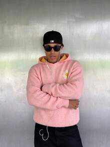 BLACKTOEXIT Men's Loose Casual College Floral Hooded Knit Sweater, Autumn/Winter - Pink - View 6
