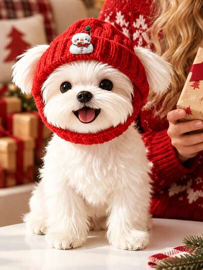 Cappello e sciarpa natalizi in maglia rossa per animali domestici, con decorazioni tridimensionali di Babbo Natale, pupazzo di neve, renna e campanelli, adatti per Natale, feste a tema, cani, gatti e amanti degli animali domestici. Sciarpa per animali domestici, collare caldo e accessorio fotografico festivo