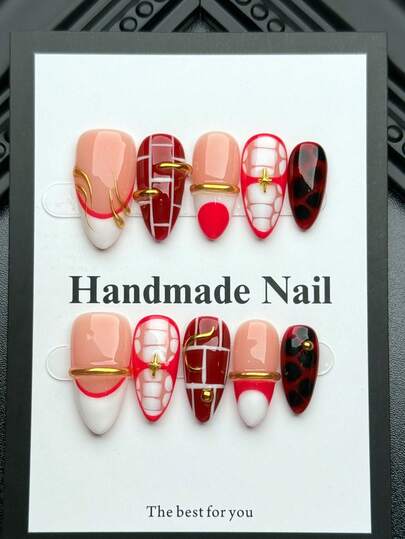 10pcs Kuku Tempel Almond Buatan Tangan, Seni Kuku Y2K, Stiker Kuku Musim Gugur, Kuku Ujung Prancis, Kuku Gel 3D, Kuku Palsu Akrilik Berkualitas Tinggi, Cocok Untuk Anak Perempuan Untuk Dipakai Sehari-hari Dan Pada Acara Khusus