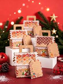 10pcs/50pcs/Pack Christmas Party Gift Candy Favor Boxes, Handheld Paper Boxes, Christmas Decoration Atmosphere Paper Boxes, 3D Christmas House - View 9