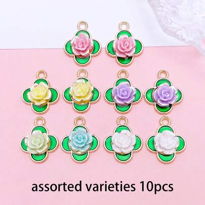 Random 5/10pcs Golden Four Leaf Clover Rose Charms, Green Enamel With 3D Resin Flower Pendants For DIY Earrings Necklaces Jewelry Making Accessories