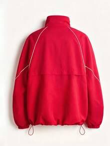 Plus Size Colorblock Stand Collar Drawstring Jacket, Street Travel Airport Date College Style Outerwear, Autumn/Winter Recommended Item - Red - View 5