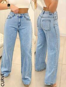 Women's Plus Size Loose Wide Leg Straight Rivet Denim Jeans, Back Elastic Waist Design, Fashionable Autumn/Winter Plus Size Long Pants - Light Wash - View 2