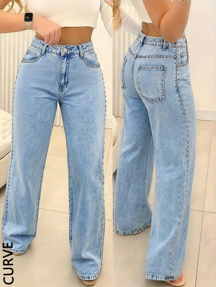 Women's Plus Size Loose Wide Leg Straight Rivet Denim Jeans, Back Elastic Waist Design, Fashionable Autumn/Winter Plus Size Long Pants - Light Wash - View 1
