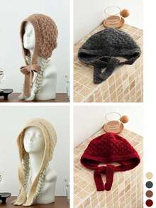 1pc Women's Winter Twist Knit Beanie, Versatile Face-Flattering Loose Warm Ear Protection Pull-On Hat, Slouchy - Silver Label Pineapple Pattern Straps - View 4