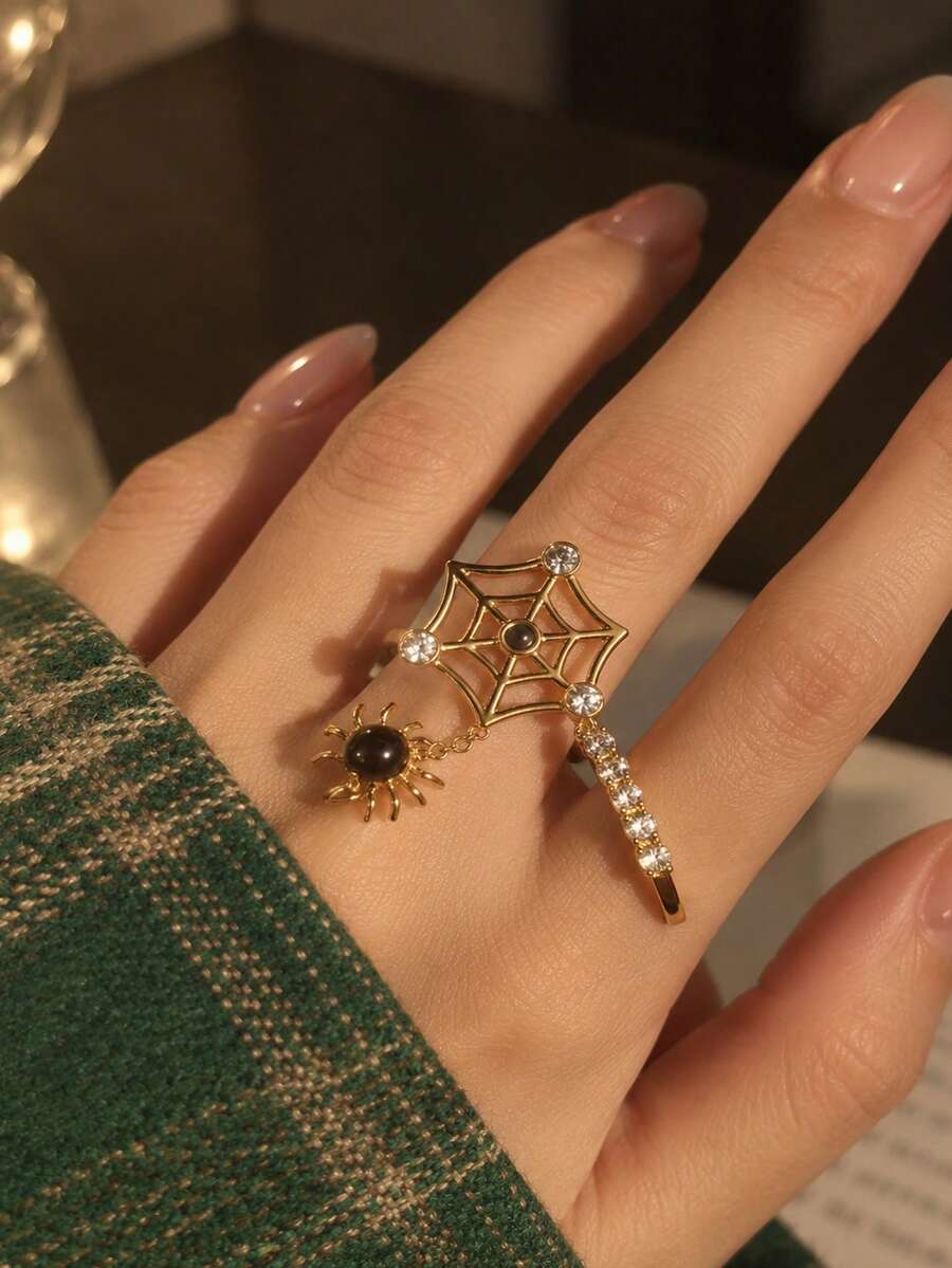 1pc Gold Gothic Spider Web Decor Ring With Spider Pendant & Rhinestones, Punk Halloween Women's Finger Accessory - Spider - View 1