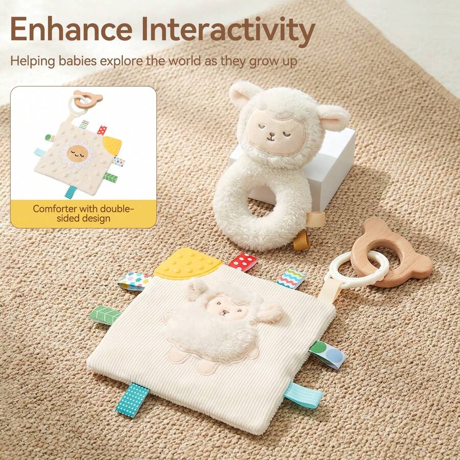 1 Set Mainan Sensorik Bayi Domba, Mainan Kerincingan Domba Plush dan Selimut Pengaman Domba dengan Gantungan Gigitan Beruang Kayu, Mainan Lembut untuk Menenangkan Bayi Baru Lahir